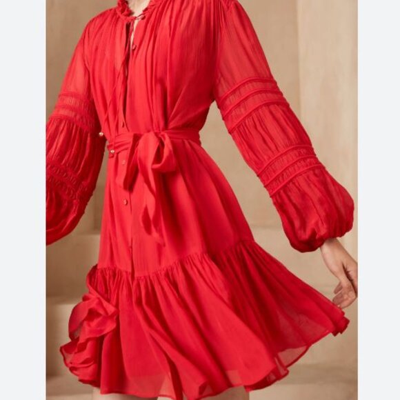 Banana Republic L Shirt Dress Red 100% Silk Crinkle Sheer Belted Long Sleeve